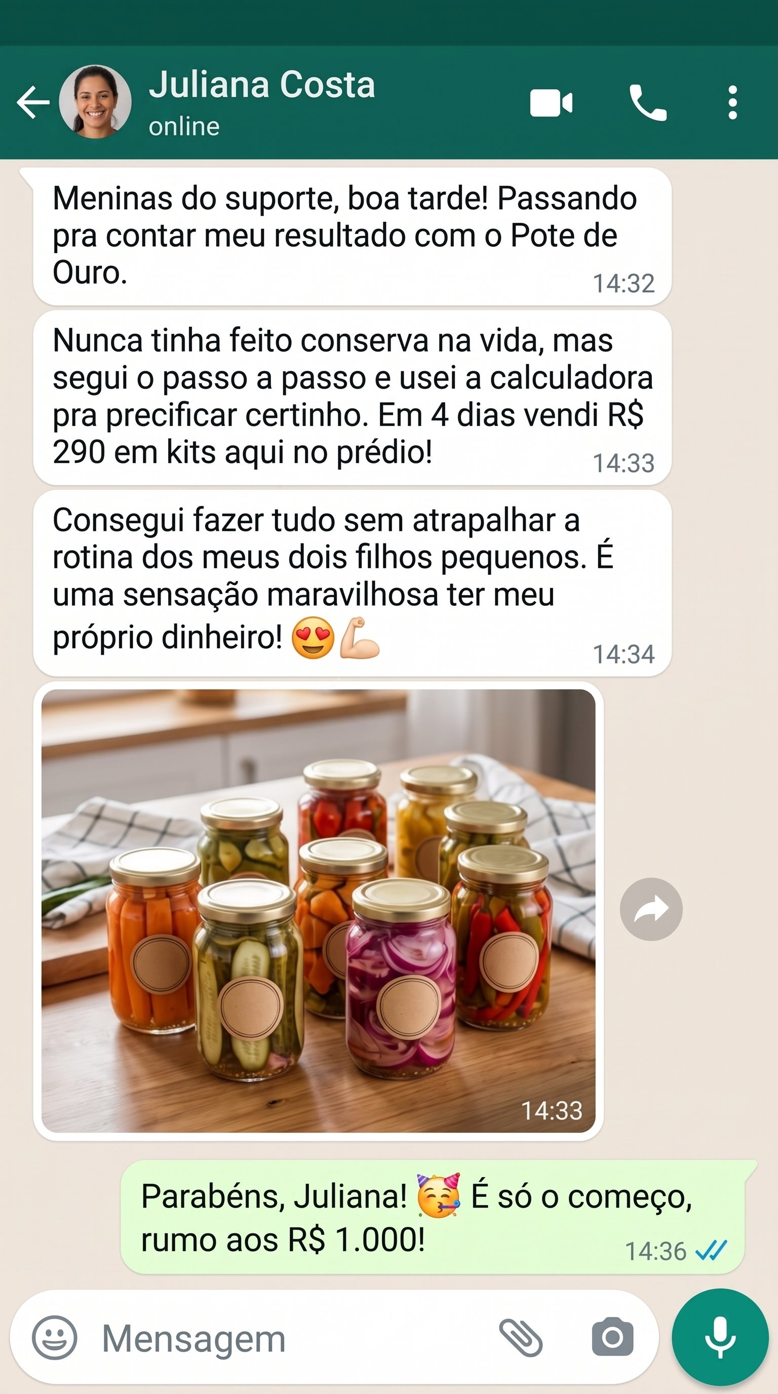 Print de depoimento no WhatsApp da Juliana
